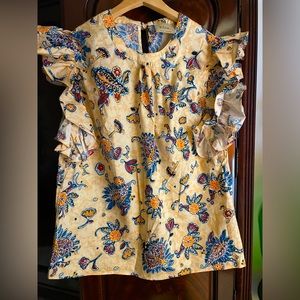 Elie by Elie Tahari Sunlit Garden Flutter Sleeve Cotton-blend Blouse Top Size L